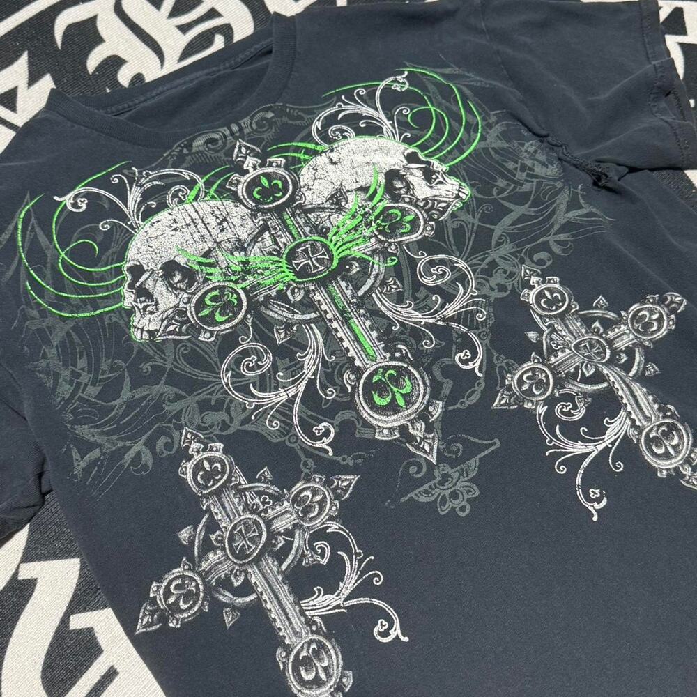 Cyber Grunge Skull Cross Tee in Black and Green